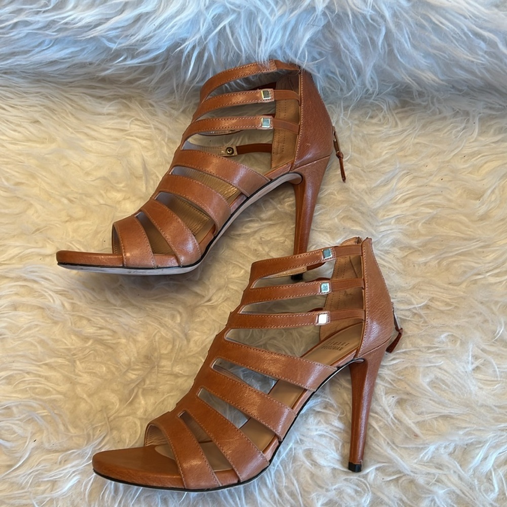 Stuart Weitzman Women’s Outing Strappy Cage Camel Nude/Brown Sandal Size 8.5 US - Picture 7 of 17